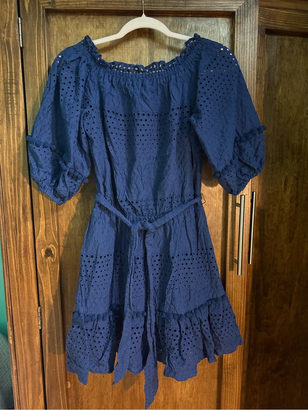 Parker Navy Blue Eyelet Off-Shoulder Mini Dress
